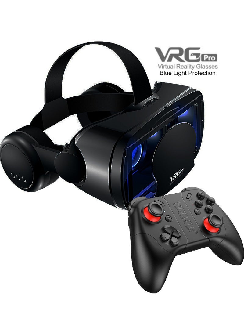 VRG VR Goggles VRG Pro 3D Virtual Reality VR Glasses + Hi-Fi Headphones Version, Blue Light Protection + Controller for TV, Movies & Video Games Compatible with iOS & Android Smartphone Within 5-7inch Screen Phone Eye Protected Soft & Comfortable Adjustable Distance Big Screen/ 3D Effect + Immersion /Full-Screen Vision, Full Screen, No Borders/ Immersive Games - Image 1